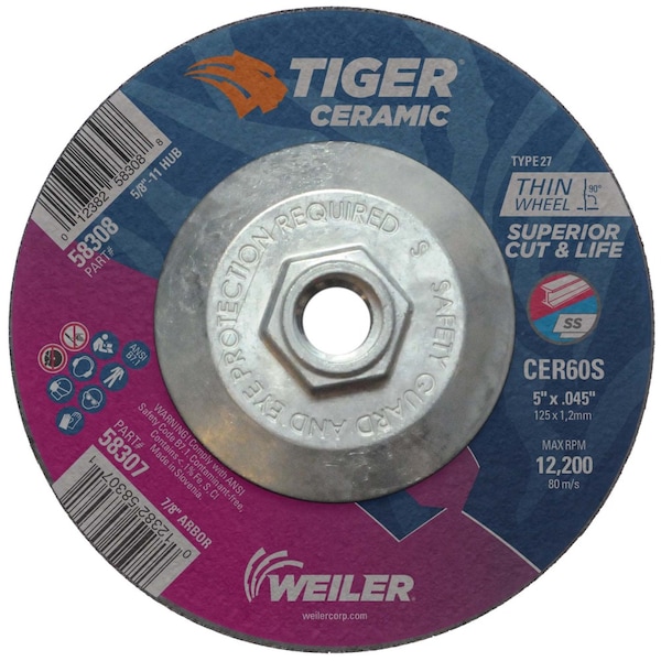 Weiler 5" x .045" TIGER CERAMIC Type 27 Cutting Wheel CER60S 5/8-11 Nut 58308 - main